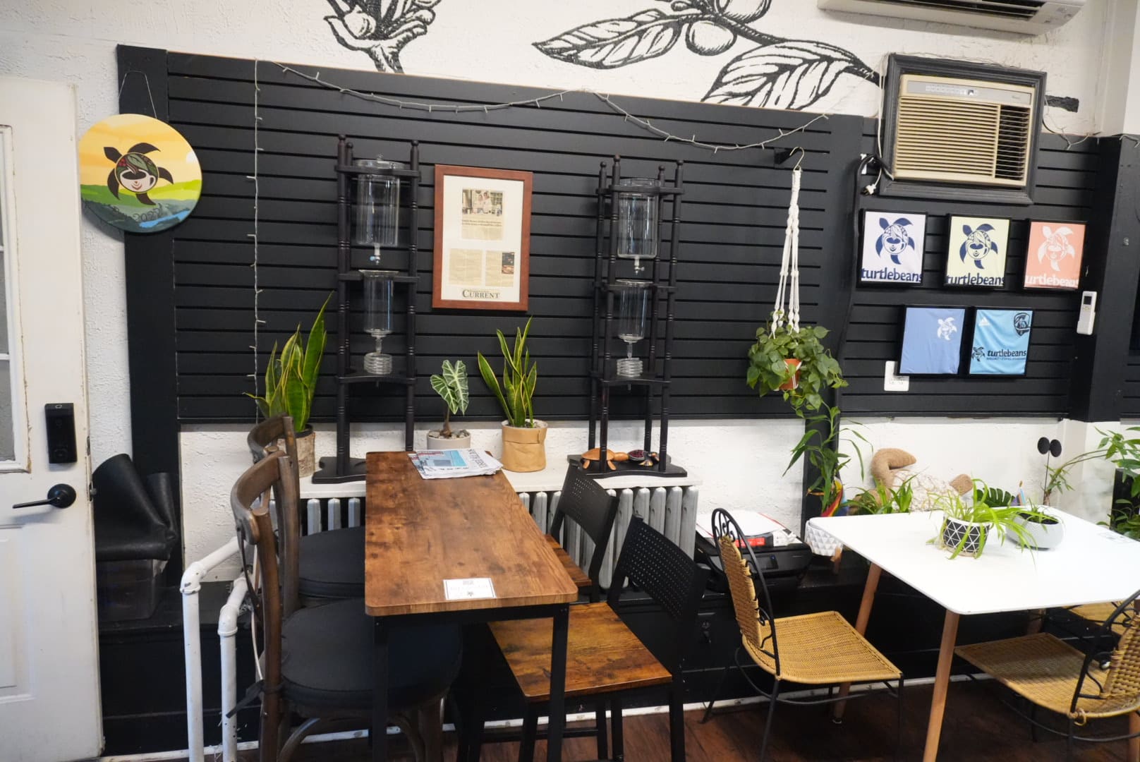 Turtle Beans Coffee shop wooden dining tables and coffee-themed